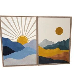 New BP Home Textile Embroidered Woven Wall Art Set Mountain & Sun Decor 18”x26”